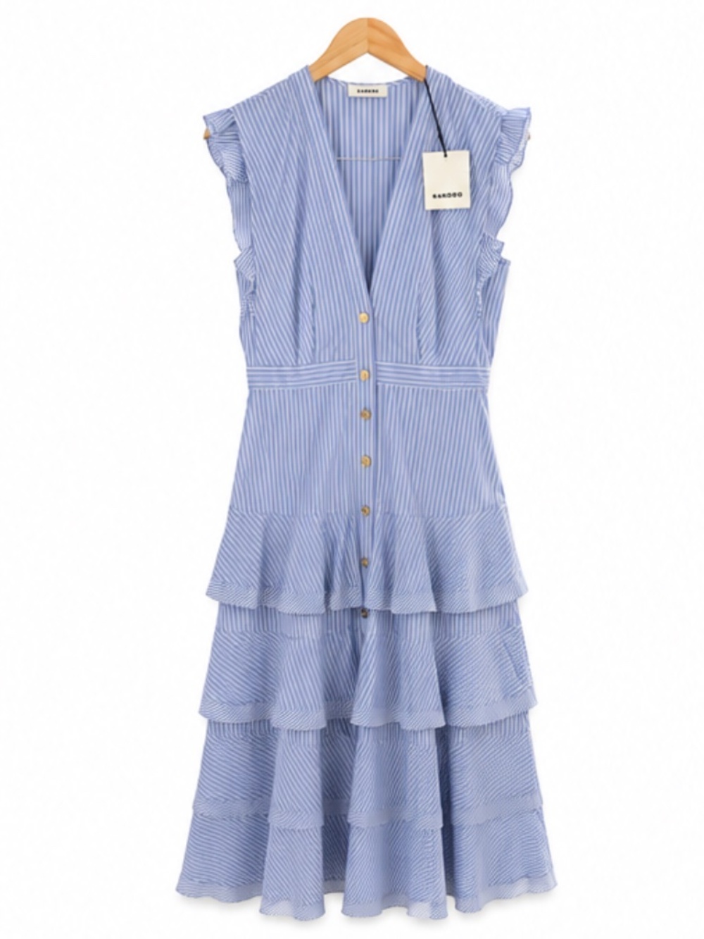 Sandro Paris Blue & White Striped Tiered Ruffle Dress — NWT, US 6